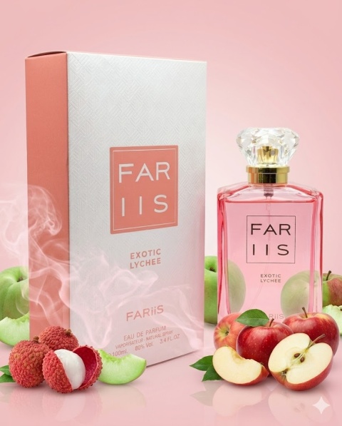 Luksusowy flakon FARIIS Exotic Lychee 100ml – tropikalny zapach liczi i wanilii.