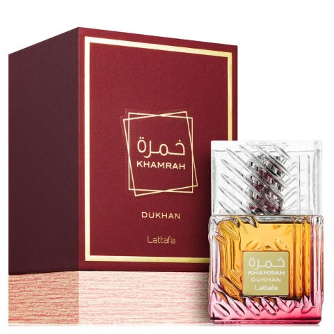 Lattafa Khamrah Dukhan czyli dymna wiśnia z praliną luksusowe pudełko i flakon